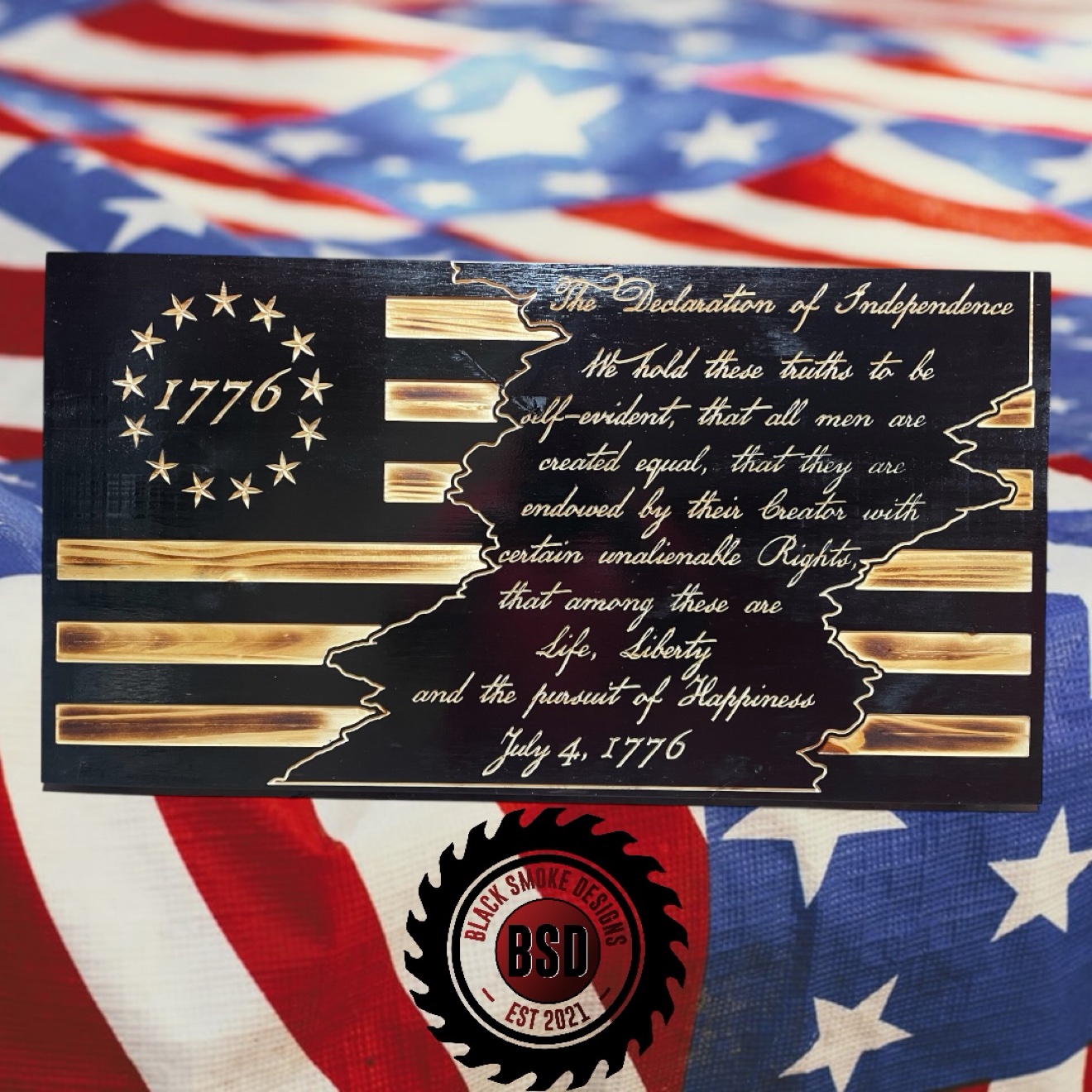 Wood flag carved with Declaration of Independence text and 1776