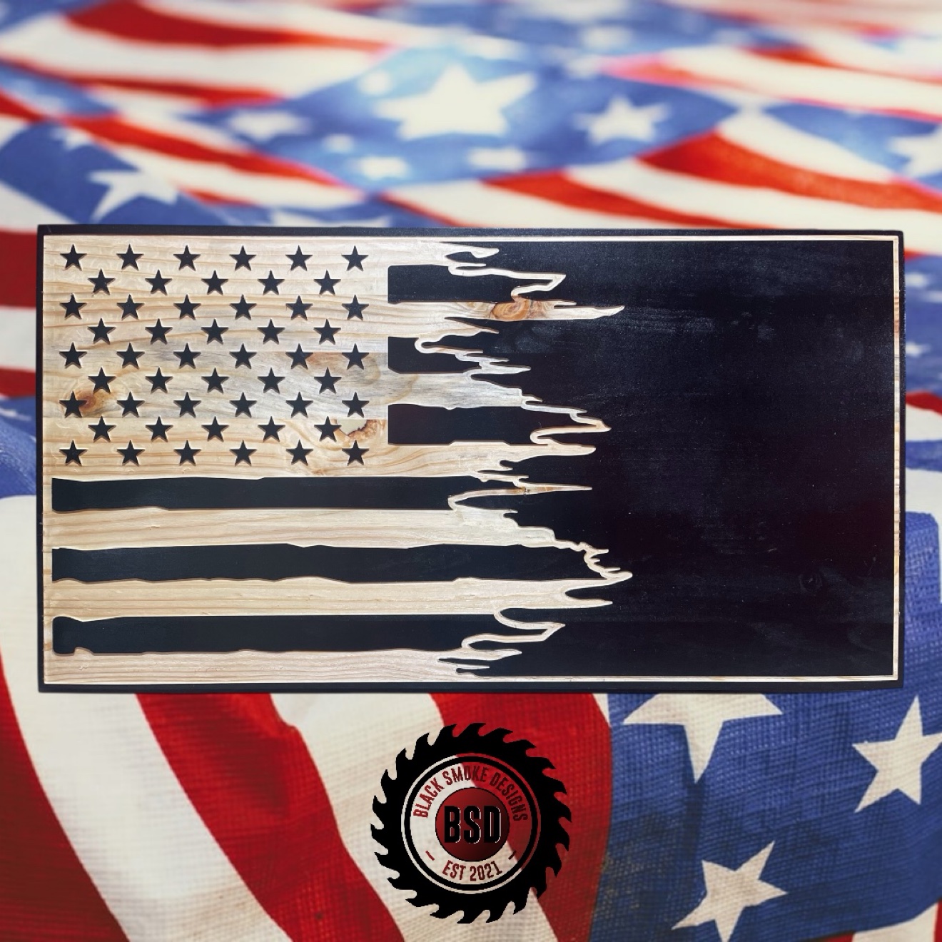 Distressed two-tone carved American flag