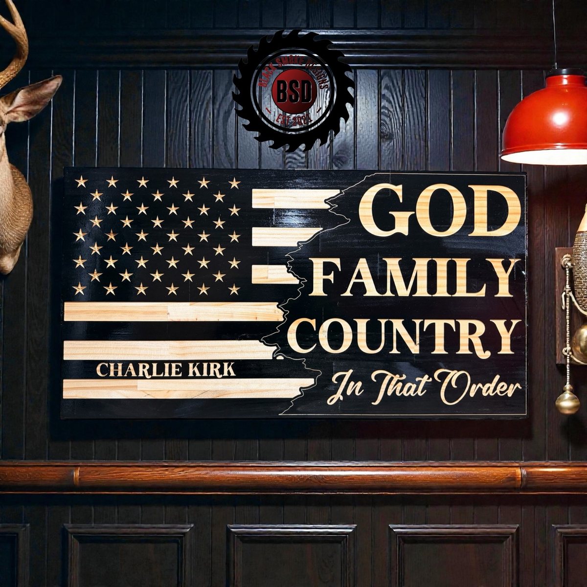 Black carved flag reading God Family Country In That Order