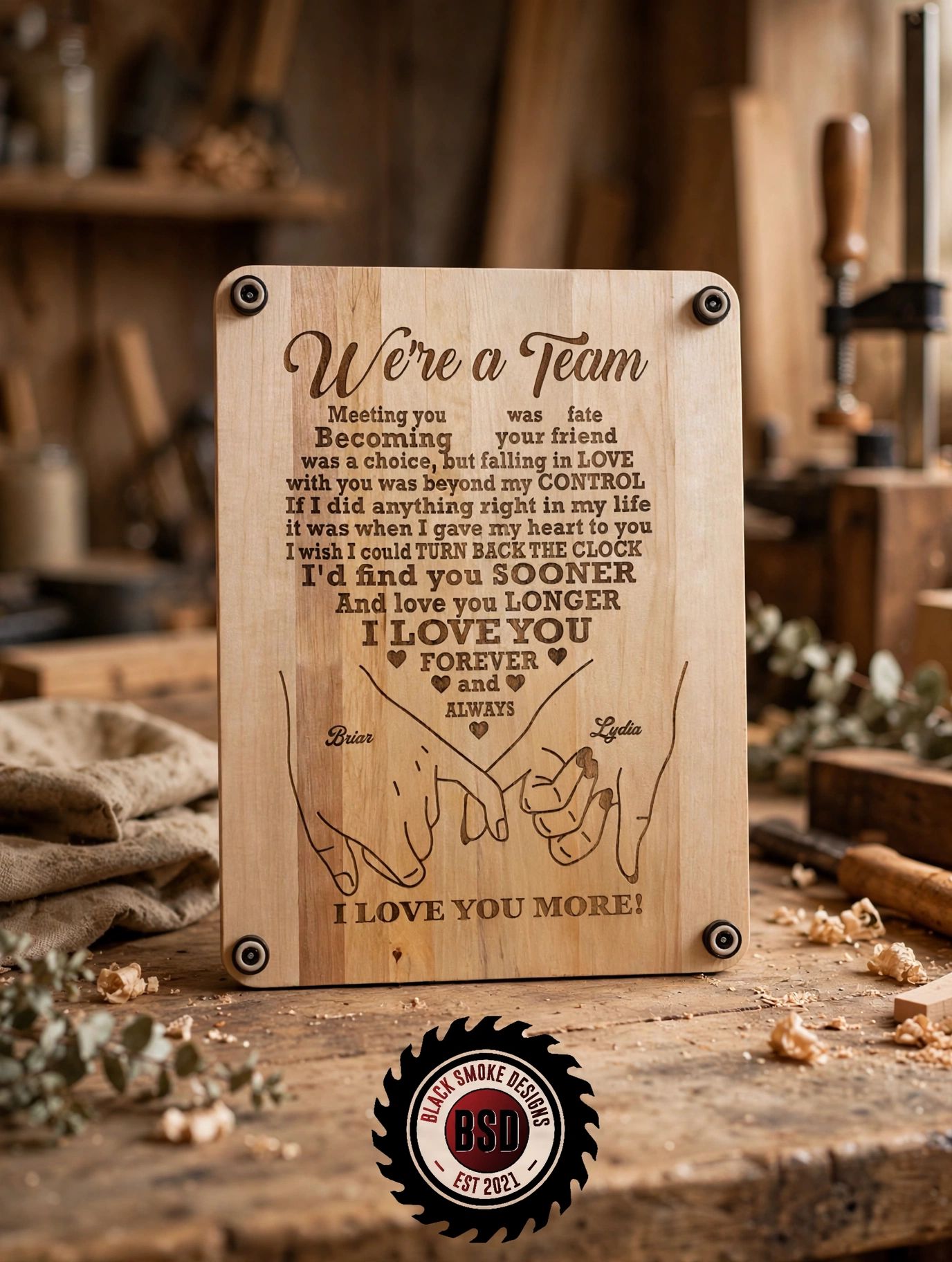 Personalized We're a Team wooden sign laser engraved with custom names