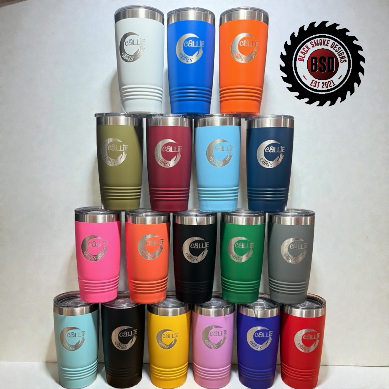 Personalized tumblers engraved in many colors